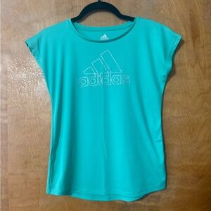 Adidas Youth Girls Size L (12/14) Green Metallic Silver Logo Shirt Short Sleeve